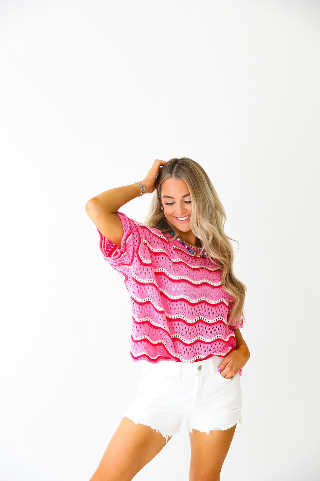 Follow The Path Wavy Crochet Top-Red/Pink Combo
