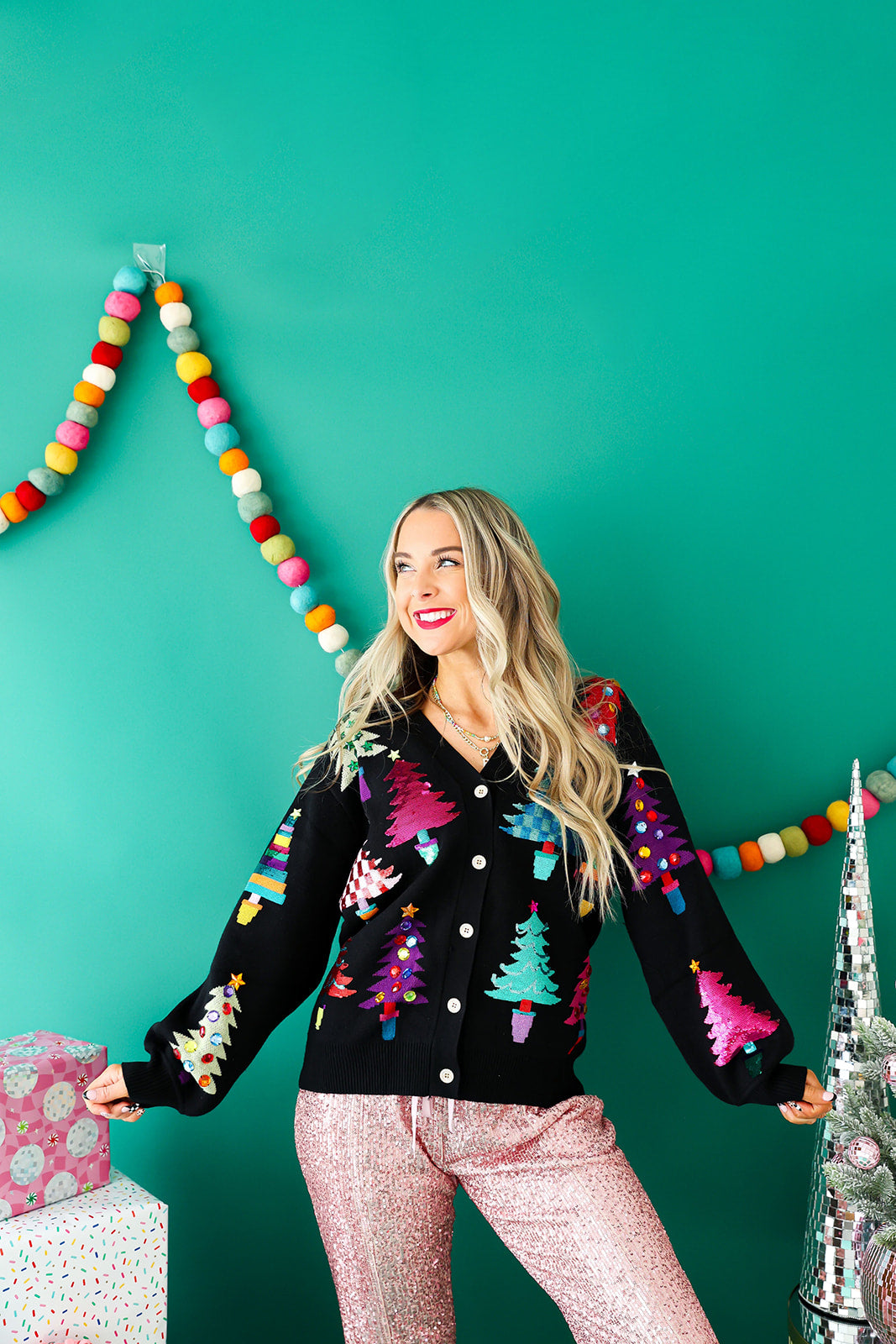 Black Colorblock Sequin Trees Cardigan-Queen Of Sparkles – Shop