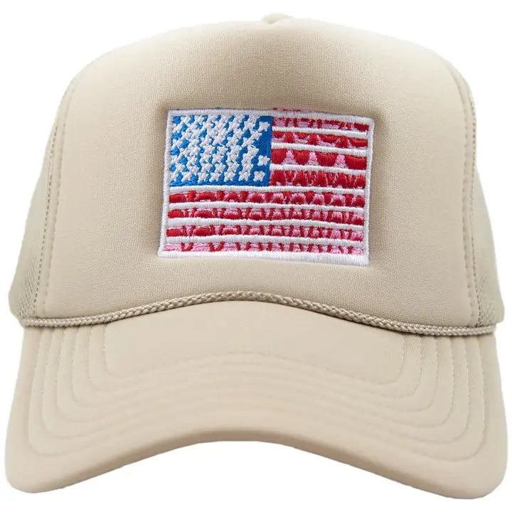 American Flag Trucker Hat-Khaki