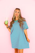 Doing Fun Things T-shirt Dress- Pink/Aqua Restock*
