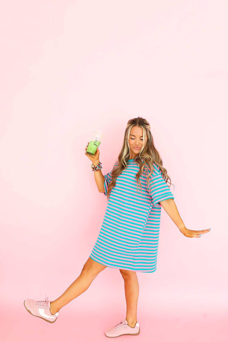 Doing Fun Things T-shirt Dress - Pink/Aqua Combo *restock*