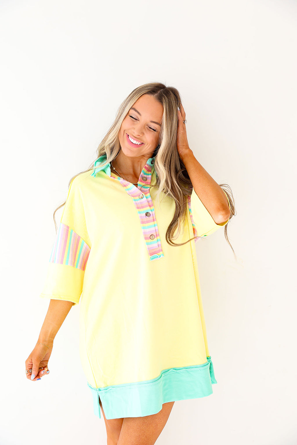 Hints Of Rainbow TShirt Dress-Yellow