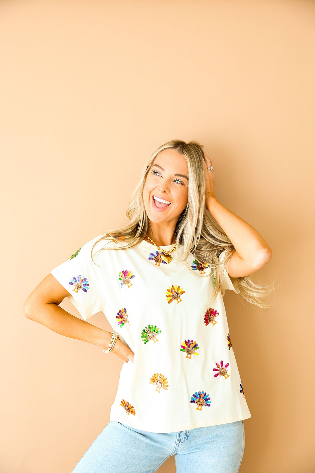 Beige Multi Scattered Turkey Tee-Queen Of Sparkles