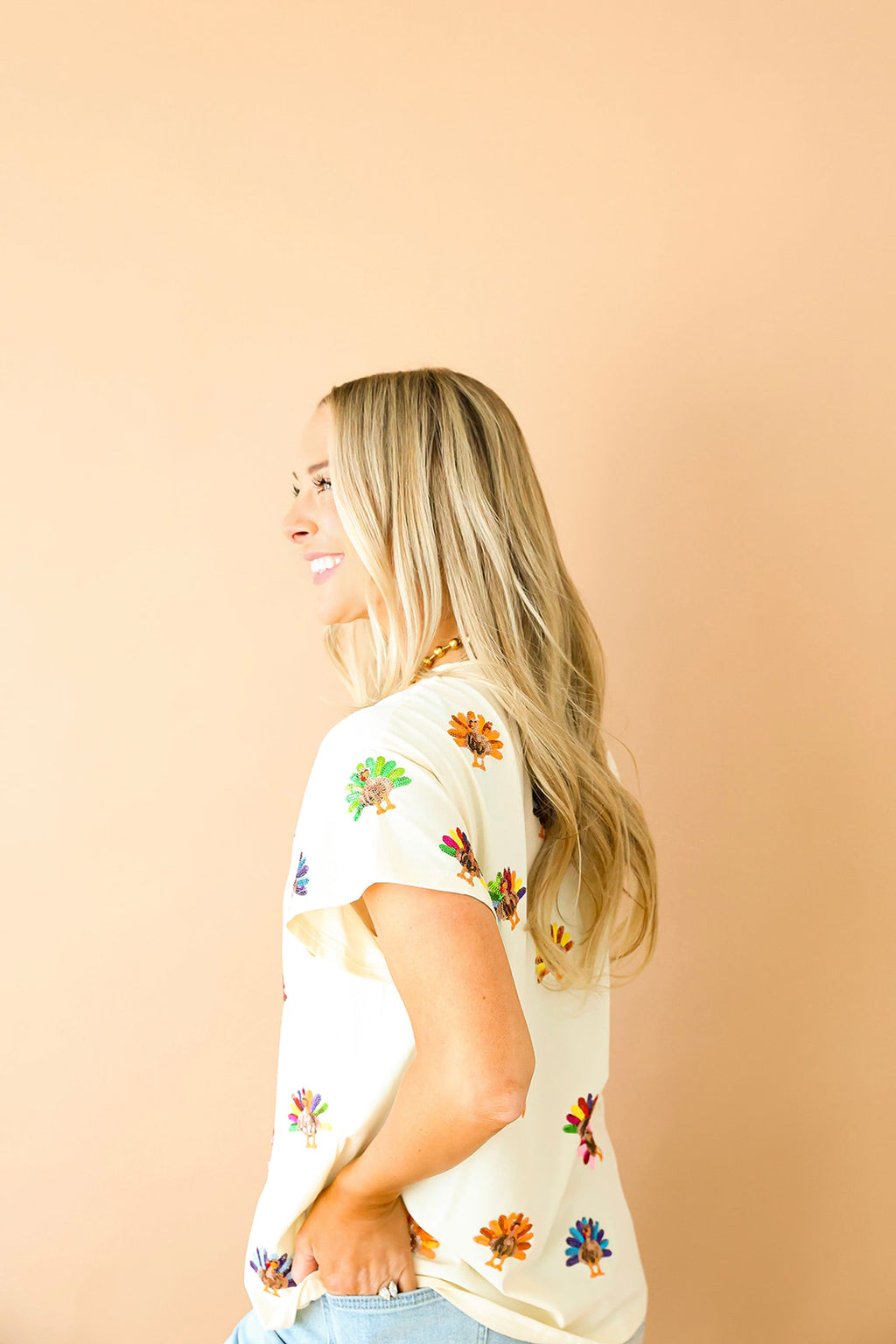 Beige Multi Scattered Turkey Tee-Queen Of Sparkles