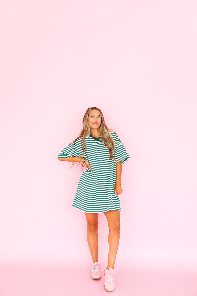 Doing Fun Things T-shirt Dress - Green/Ivory