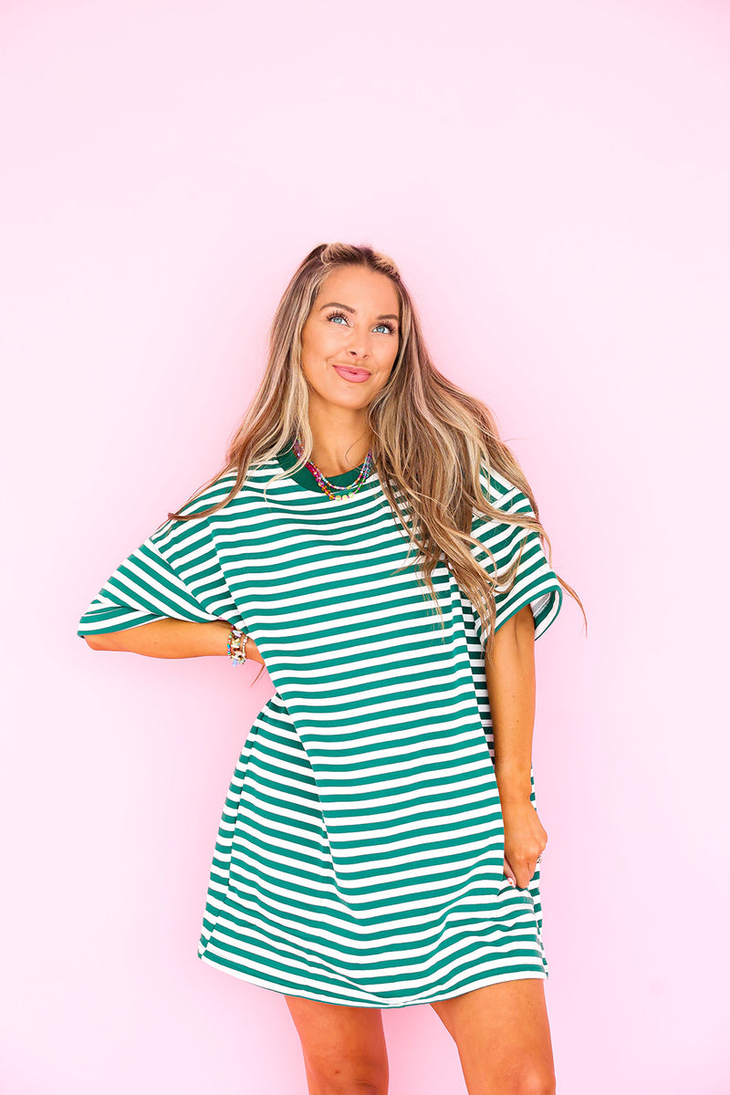 Doing Fun Things T-shirt Dress - Green/Ivory
