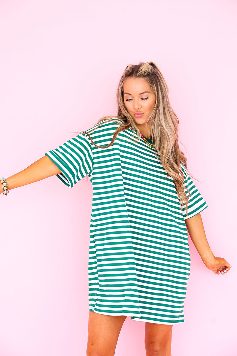 Doing Fun Things T-shirt Dress - Green/Ivory