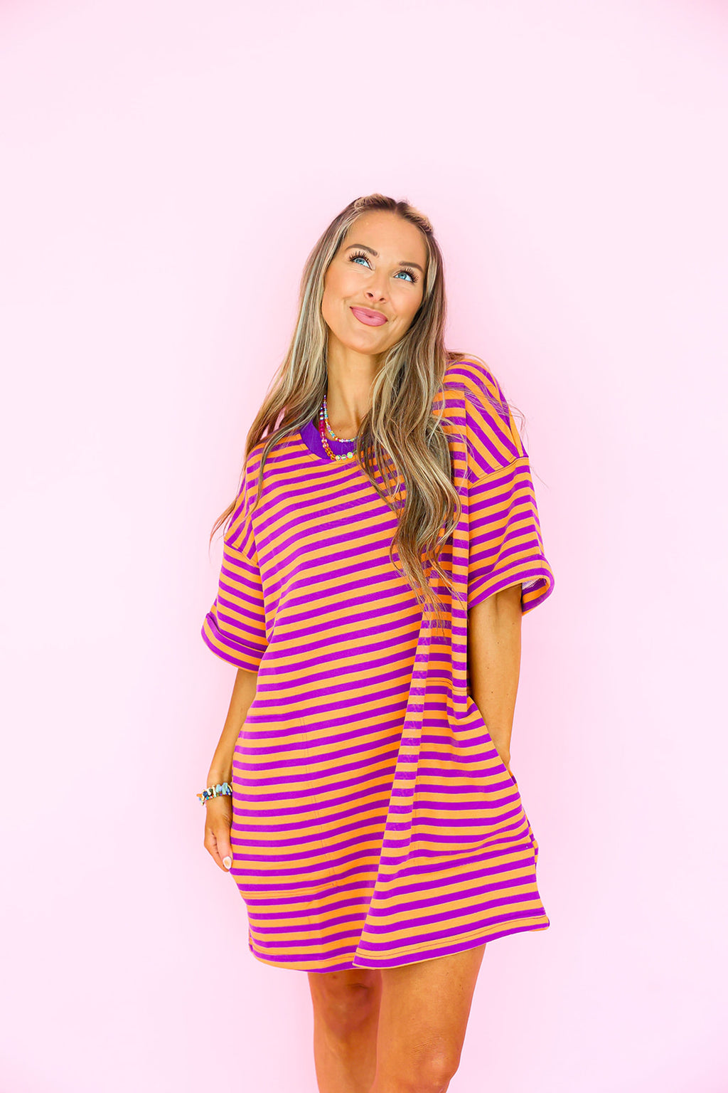 Doing Fun Things T-shirt Dress - Orange/Purple RESTOCK