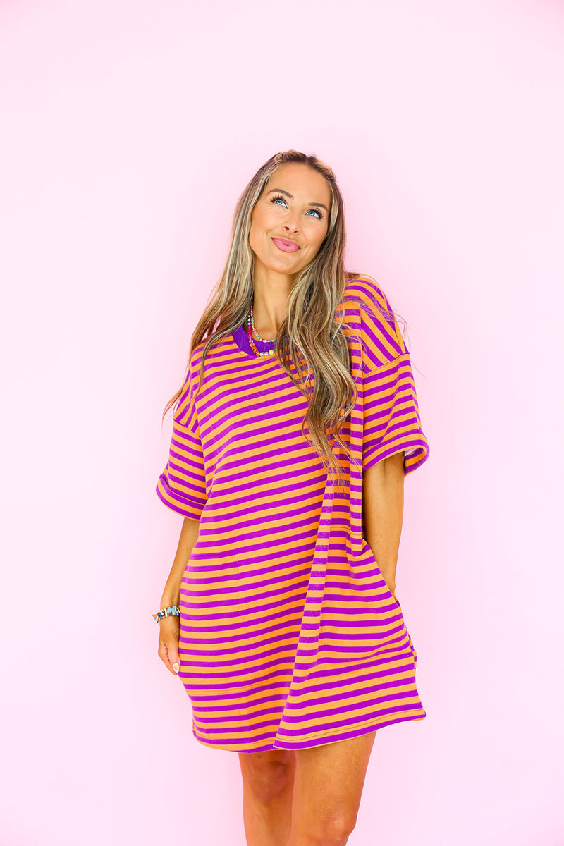 Doing Fun Things T-shirt Dress - Orange/Purple RESTOCK