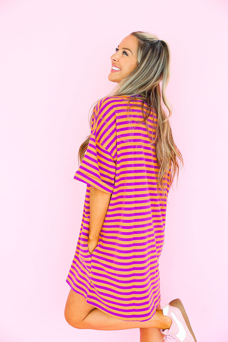 Doing Fun Things T-shirt Dress - Orange/Purple RESTOCK