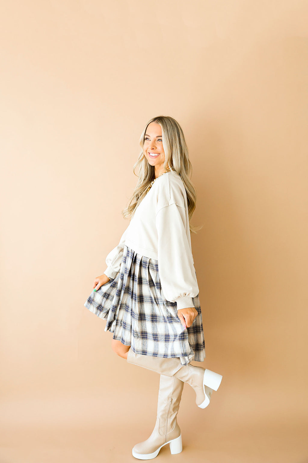 Back For Seconds Plaid Dress-Taupe/Navy