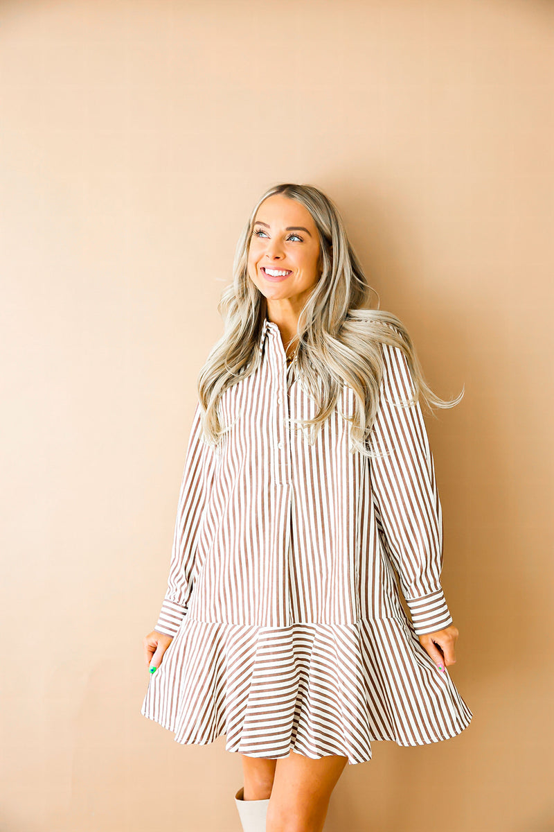 Girly In Stripes LS Dress-Camel/White