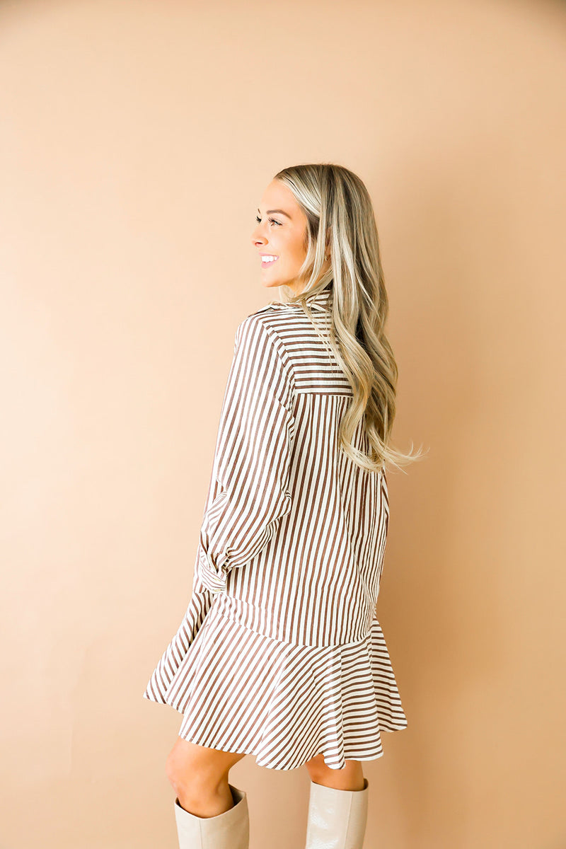 Girly In Stripes LS Dress-Camel/White