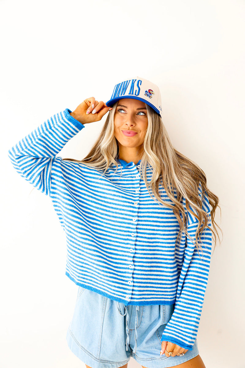 Cozy On Up Sweater- Blue/White Stripe