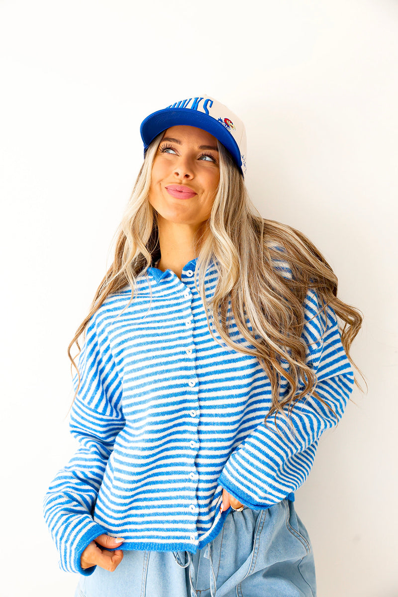 Cozy On Up Sweater- Blue/White Stripe