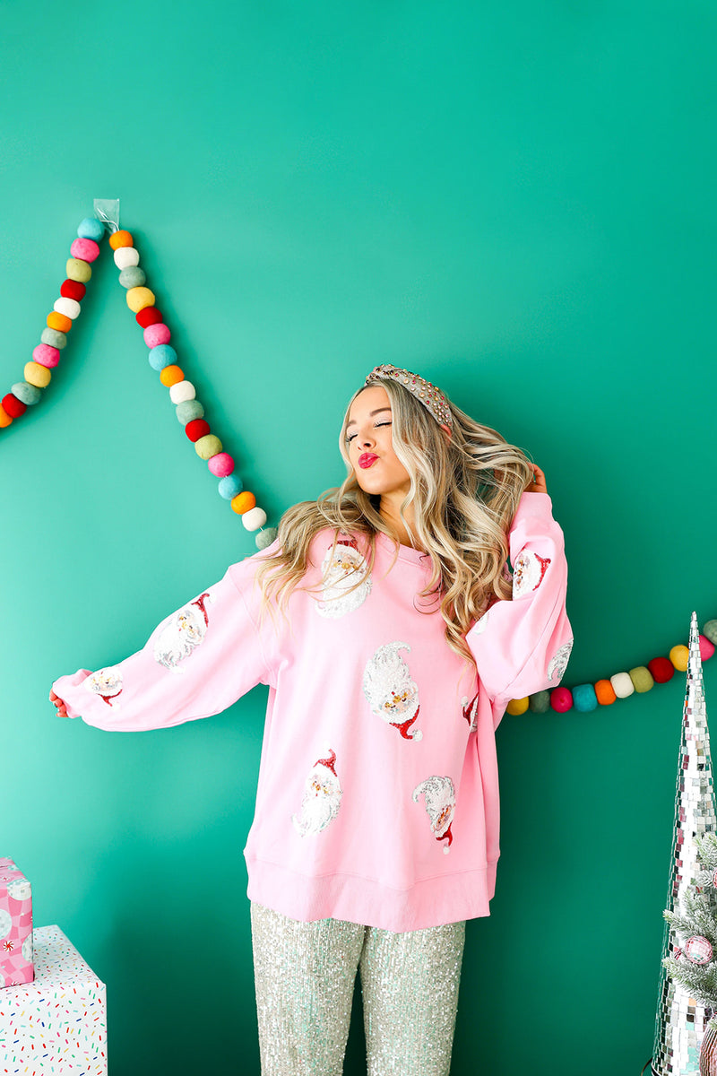 Sequin Santa Sweatshirt-Pink