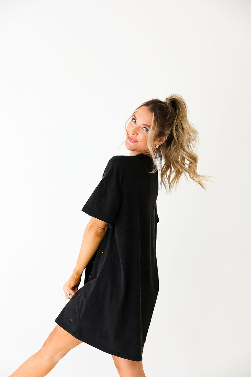 Multi Rhinestone Black Wash T-Shirt Dress