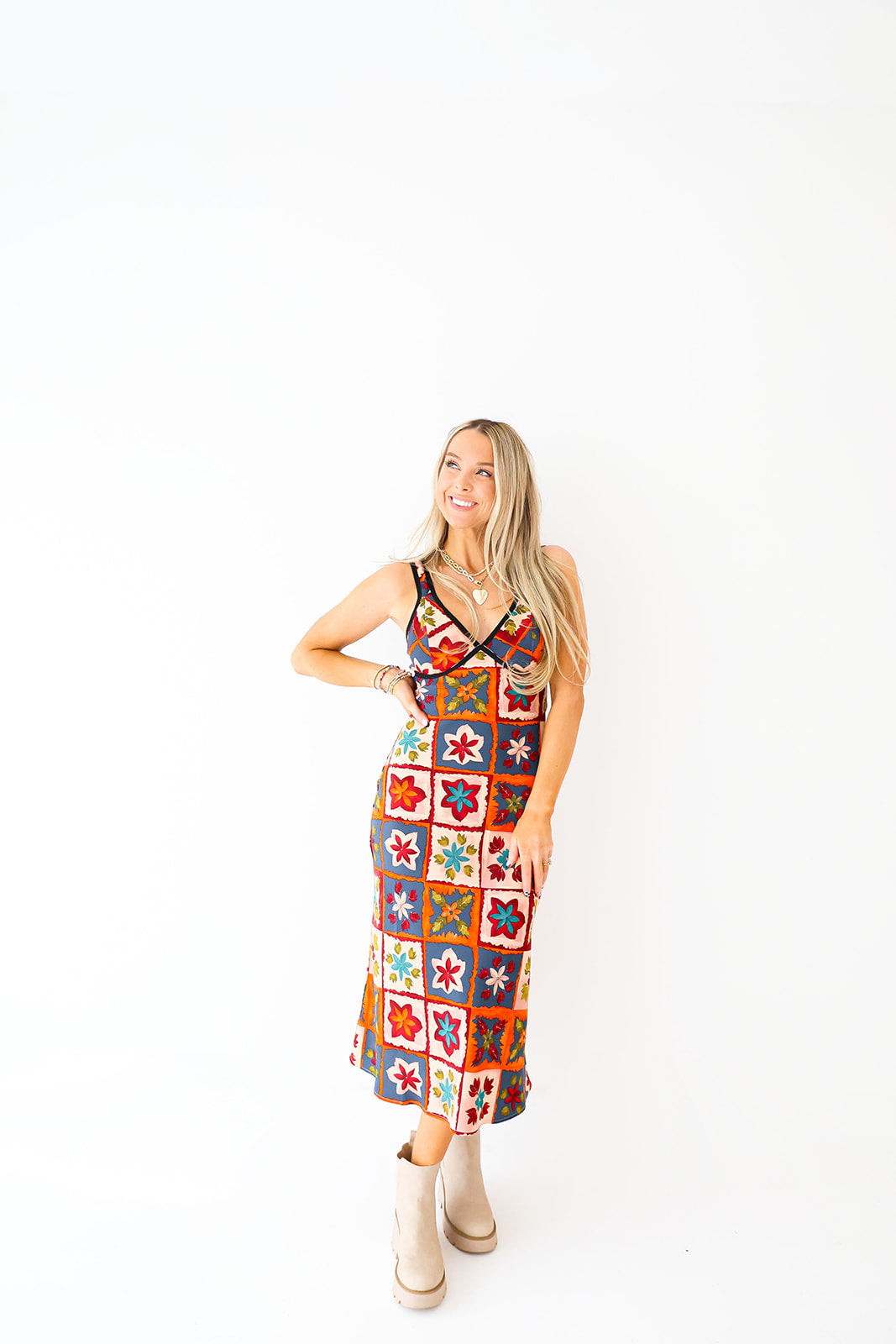 Floral Block Print Midi Dress