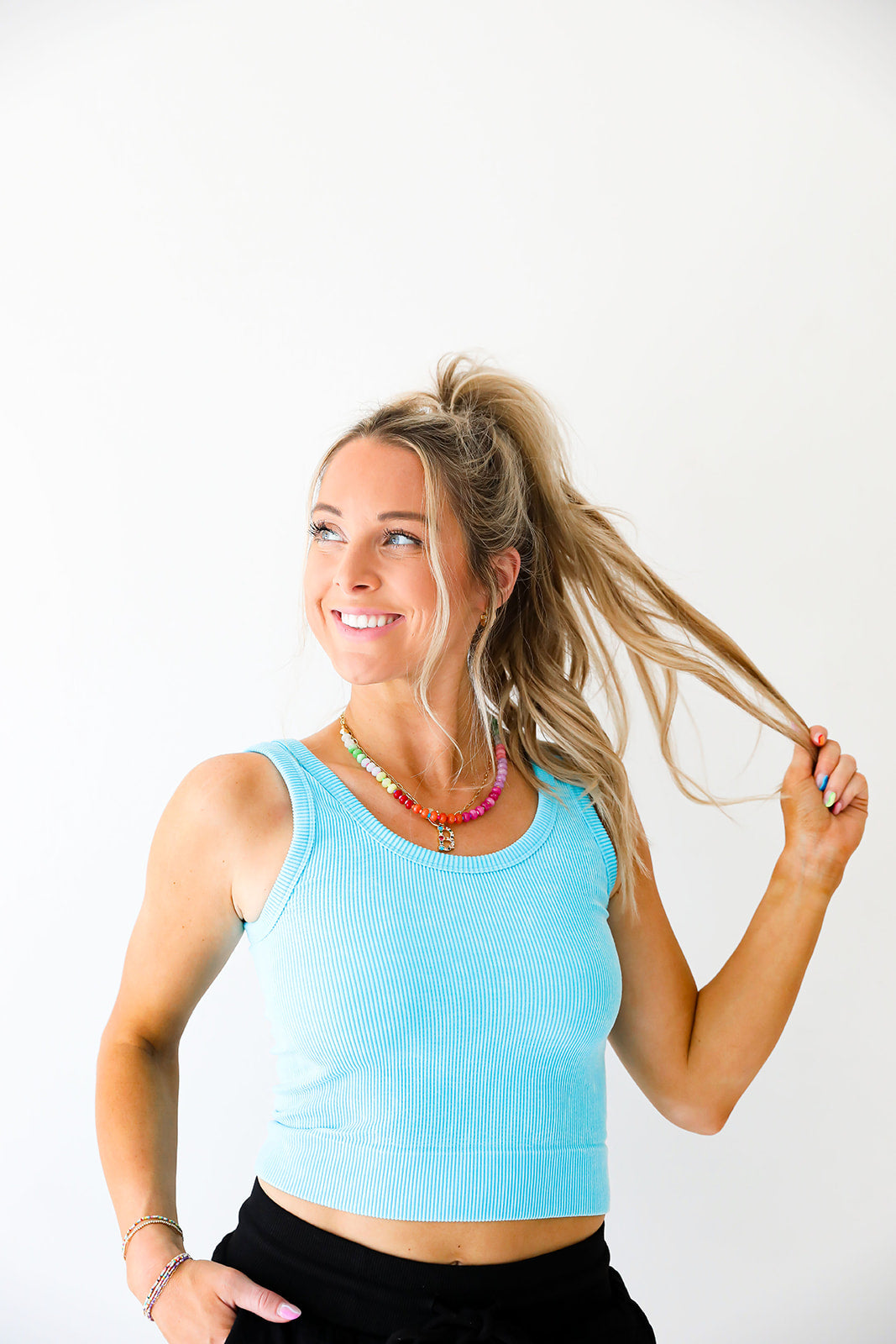 Long Line Ribbed Tank-Bright Blue