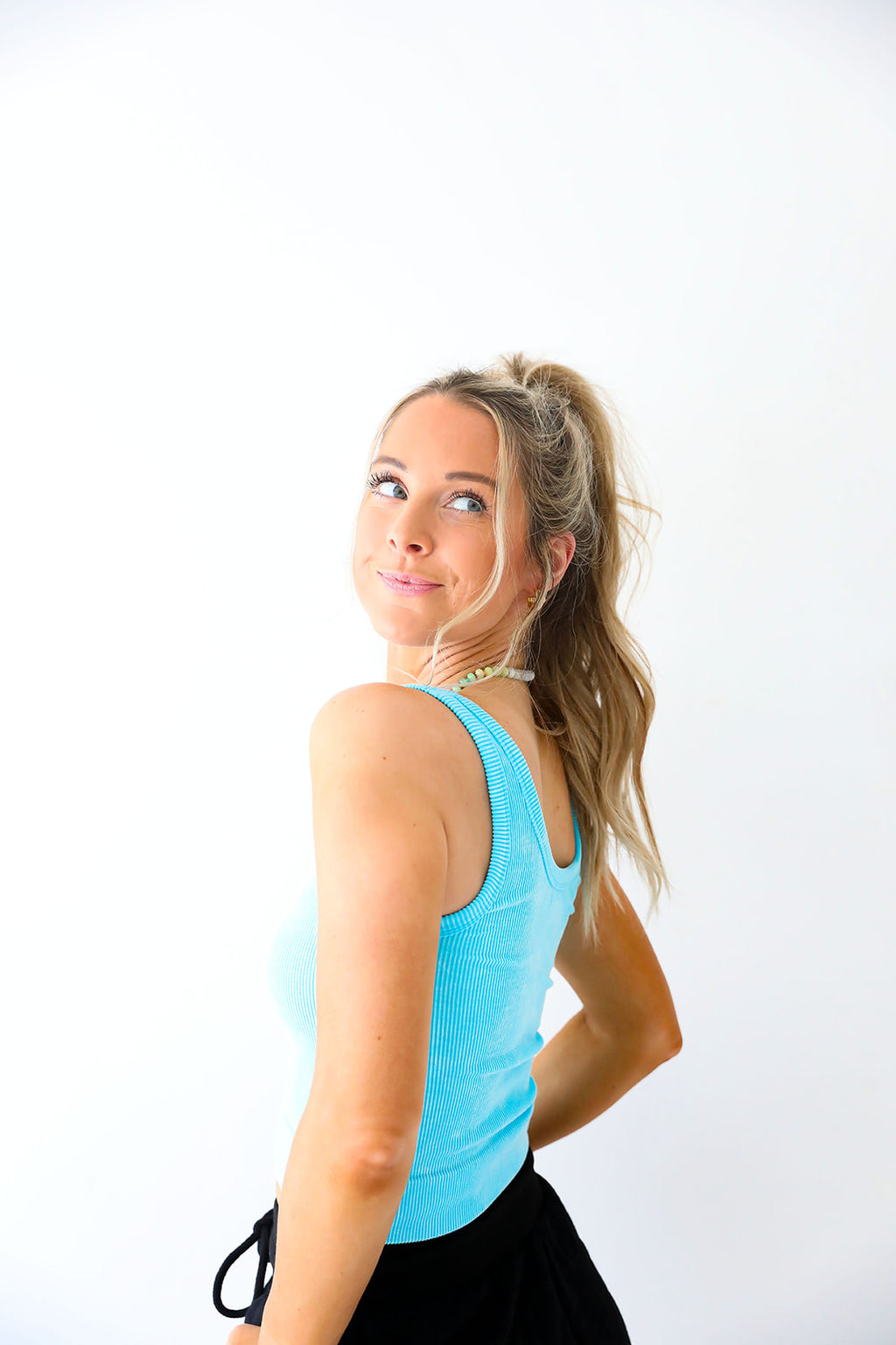Long Line Ribbed Tank-Bright Blue