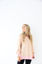 Cozy In Stripes Pullover-Tan/Pink Combo