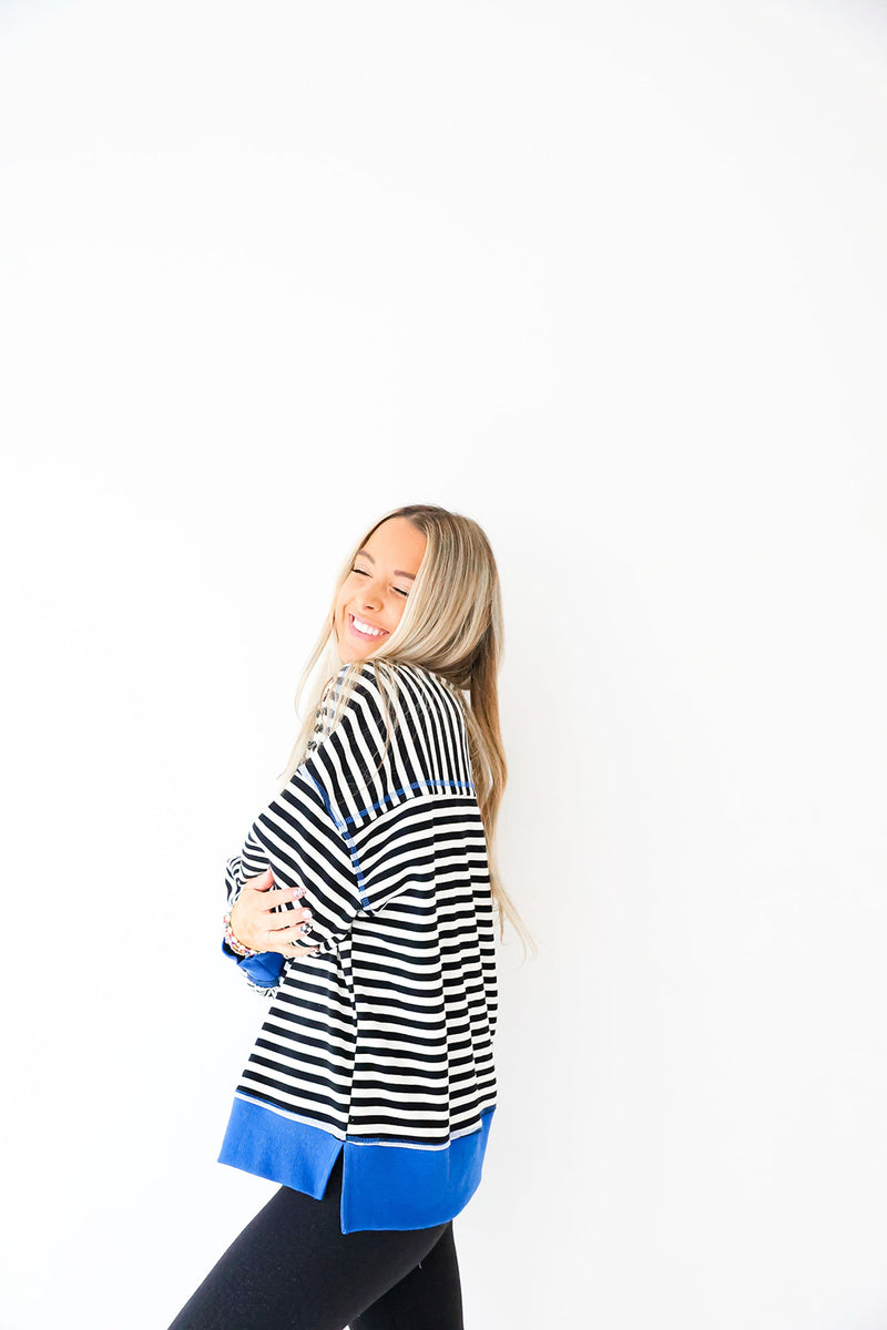 Cozy In Stripes Pullover-Black/Blue Combo