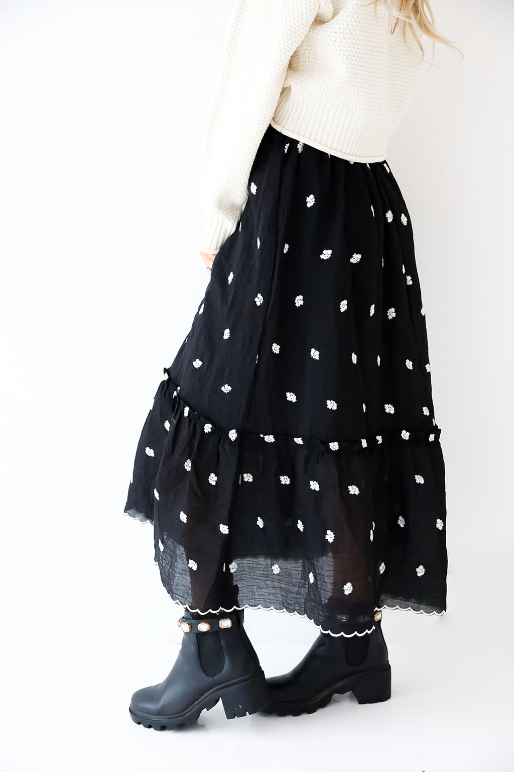 Classic Contrast Midi Skirt-Black/White