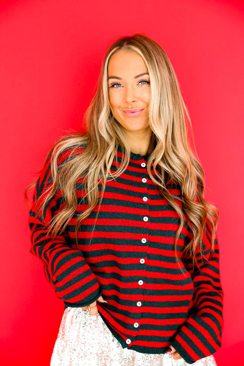 Cozy On Up Cardigan – Red/Green Stripe