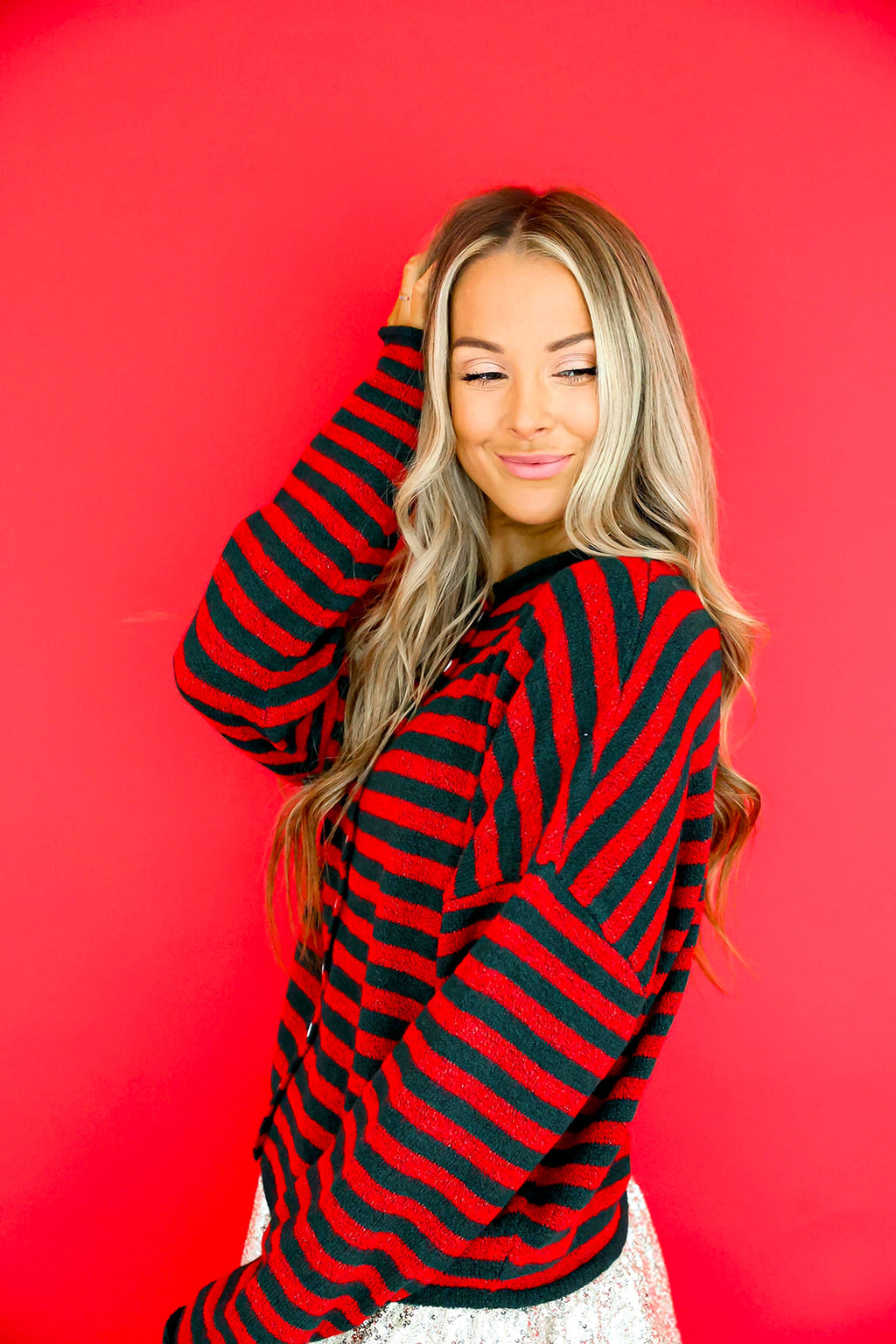 Cozy On Up Cardigan – Red/Green Stripe