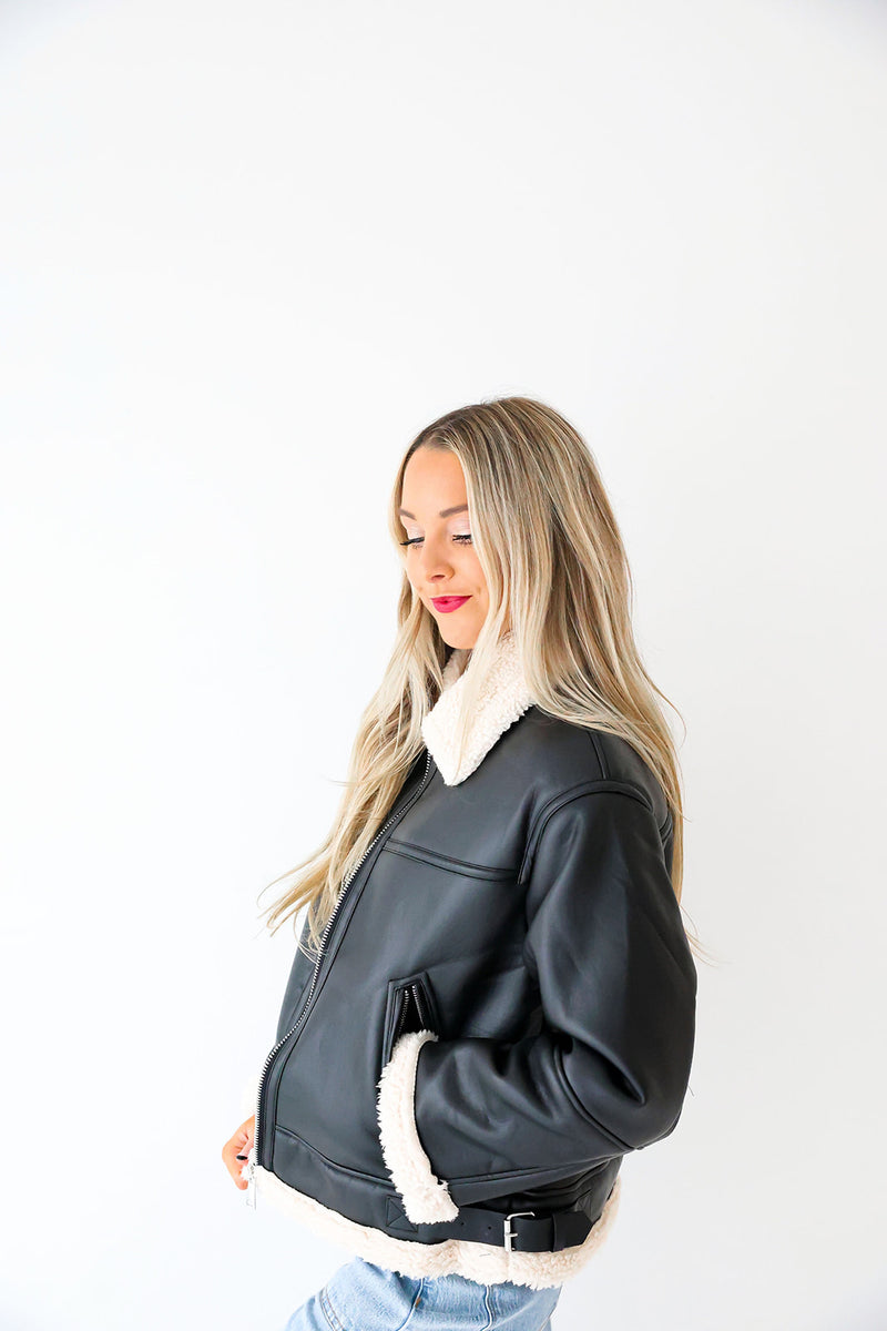 Frostbite Faux Leather Shearling Coat-Black