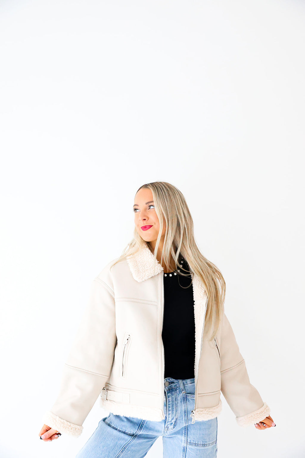 Frostbite Faux Leather Shearling Coat-Ecru