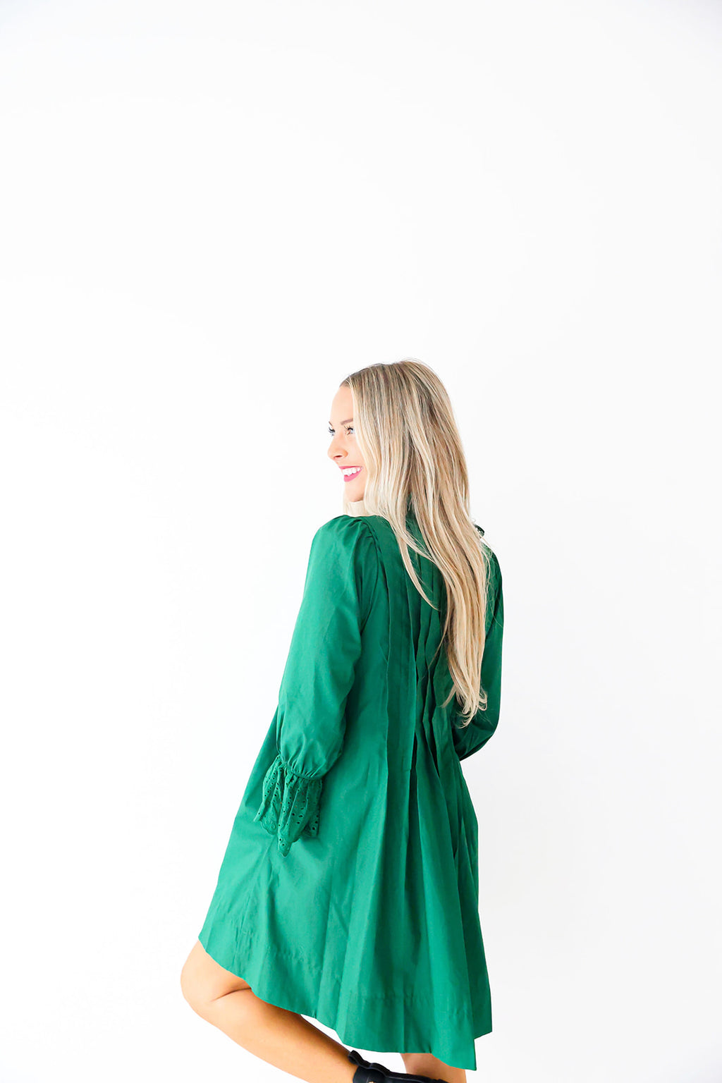 Holiday Harmony Balloon Sleeve Dress-Forest Green