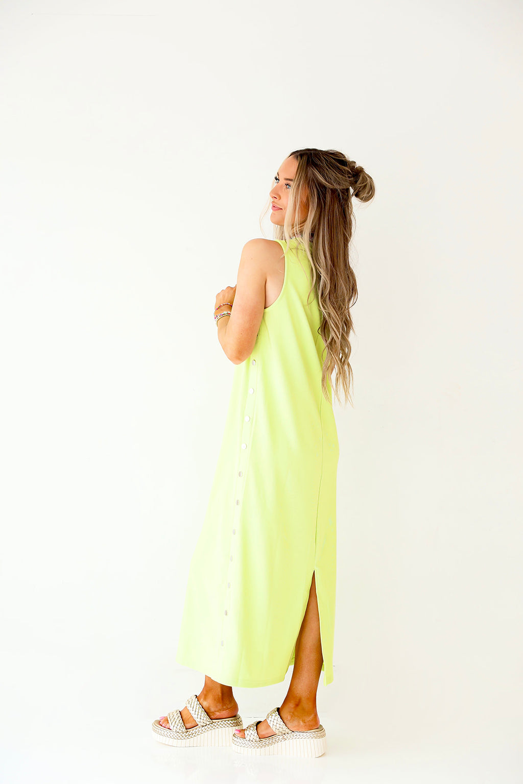 She's So Cool Button Detail Midi Dress-Lime