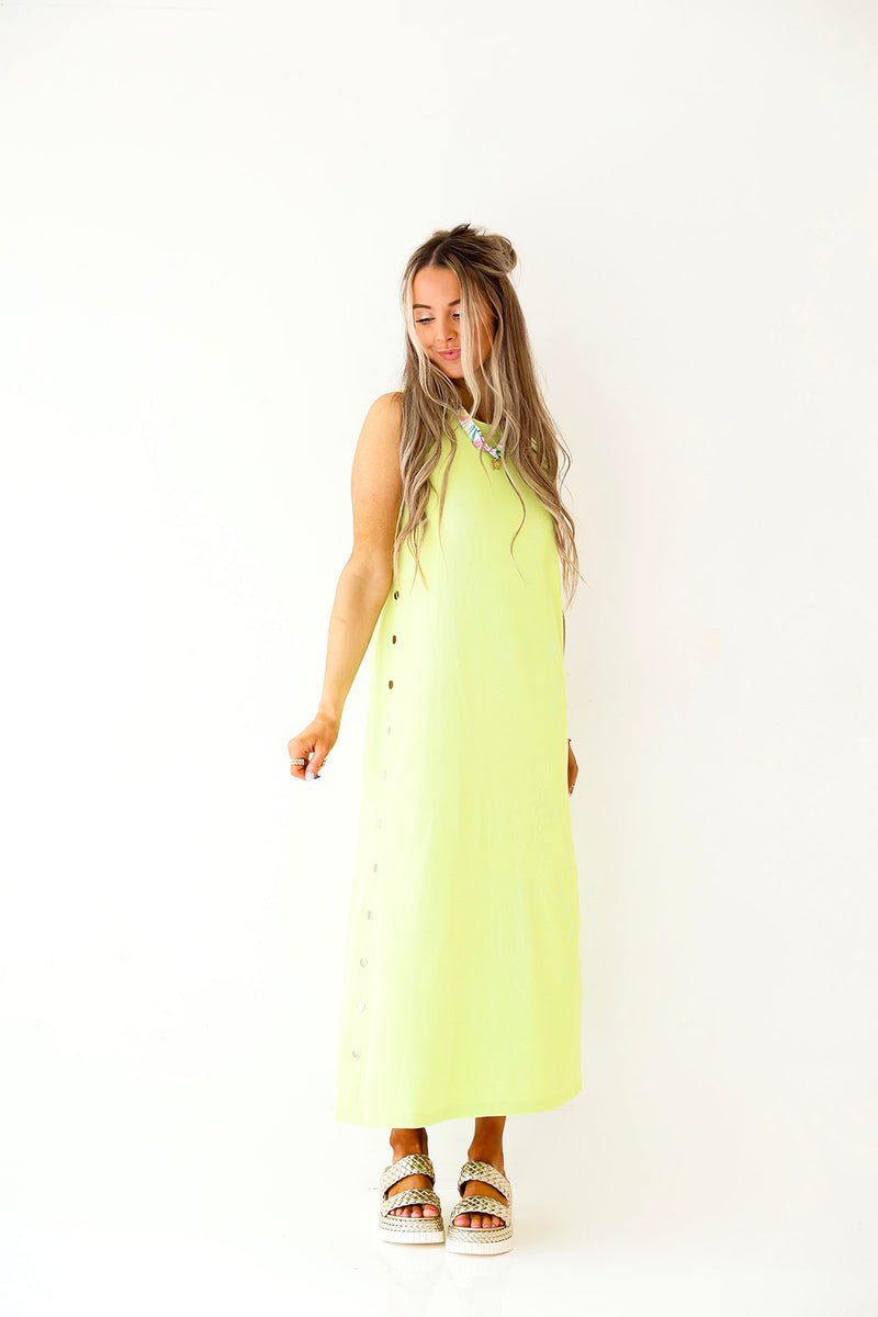 She's So Cool Button Detail Midi Dress-Lime