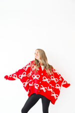 Oversized Bow Cardigan-Red/Cream