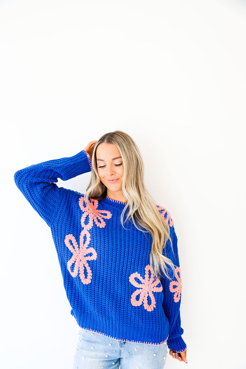 Royal Blue Embroidered Flower Sweater