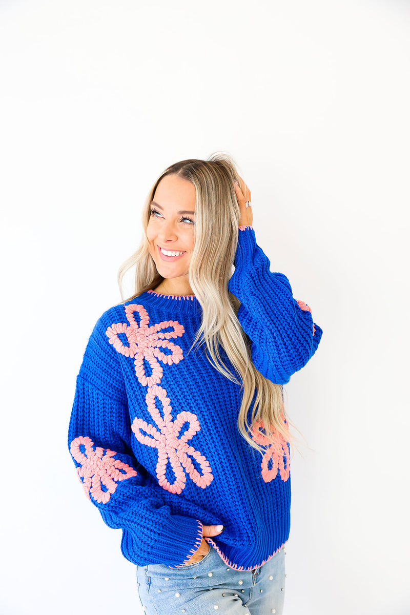 Royal Blue Embroidered Flower Sweater