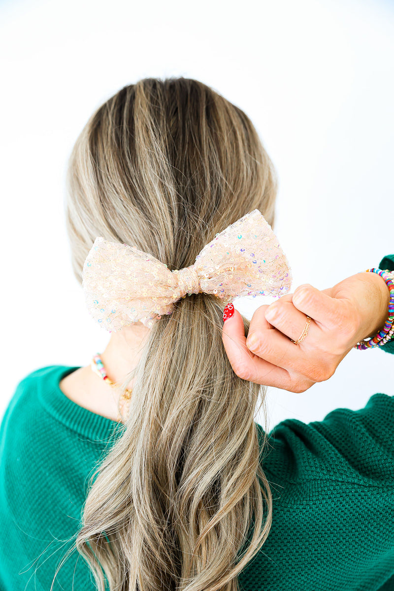 Shimmer Bow Hair Scrunchie-Cream