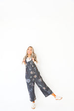 Good Day Floral Print Overalls-Black Wash