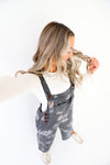 Good Day Floral Print Overalls-Black Wash