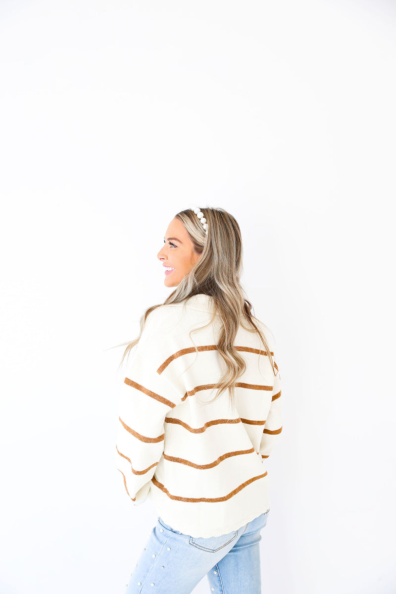 Crossed Paths Scallop Detail Sweater-Brown/Cream