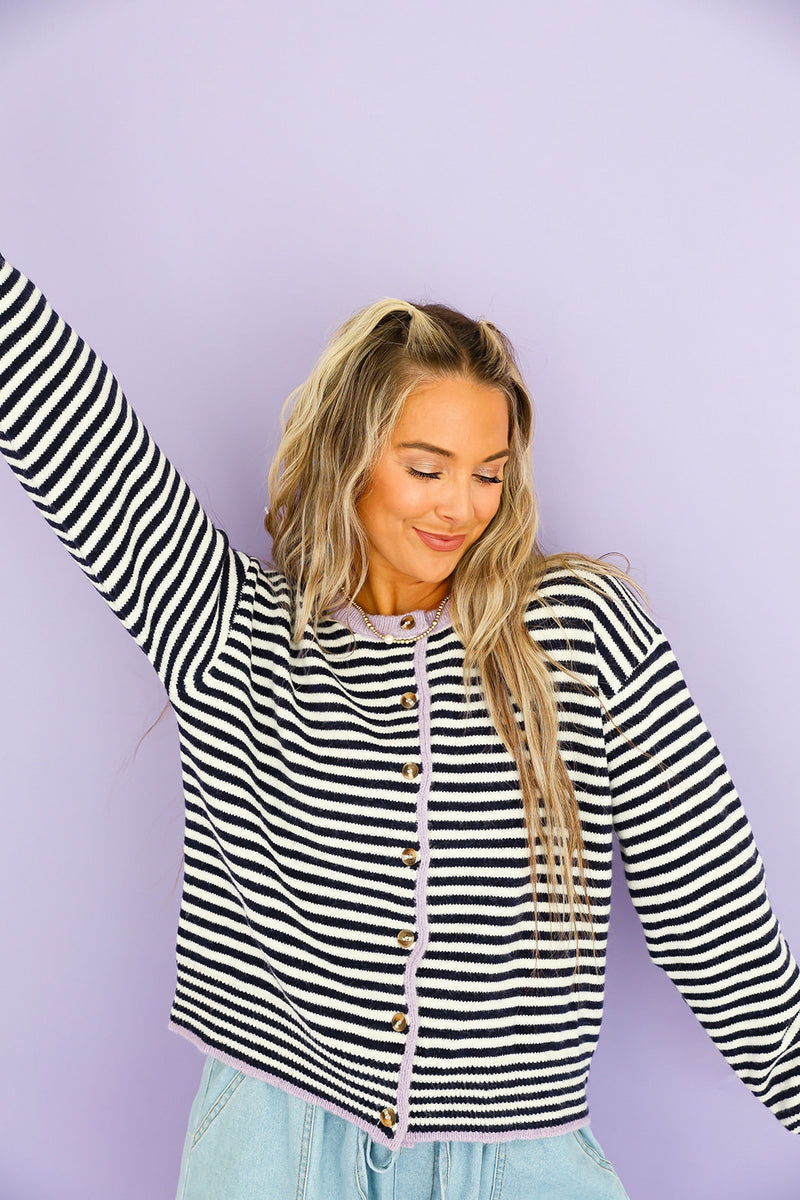 On the Line Cardigan-Midnight/Lavender Combo