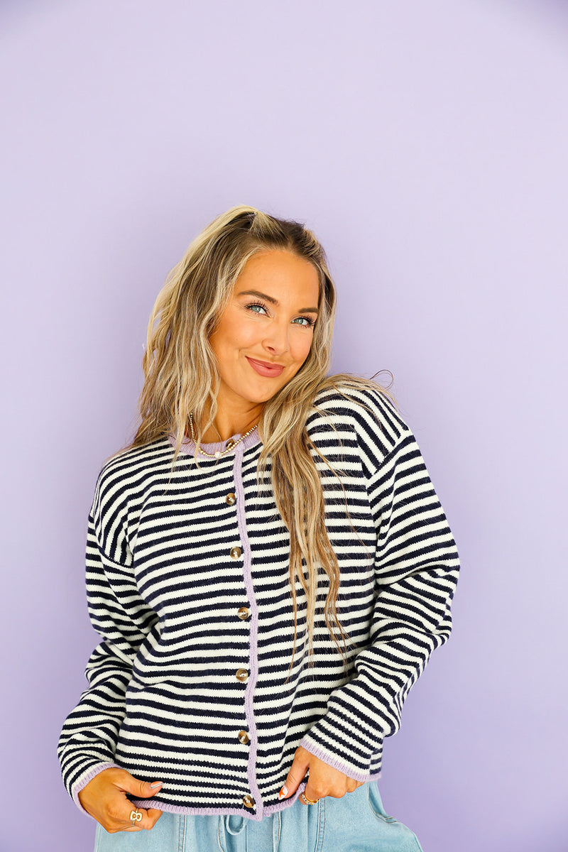 On the Line Cardigan-Midnight/Lavender Combo