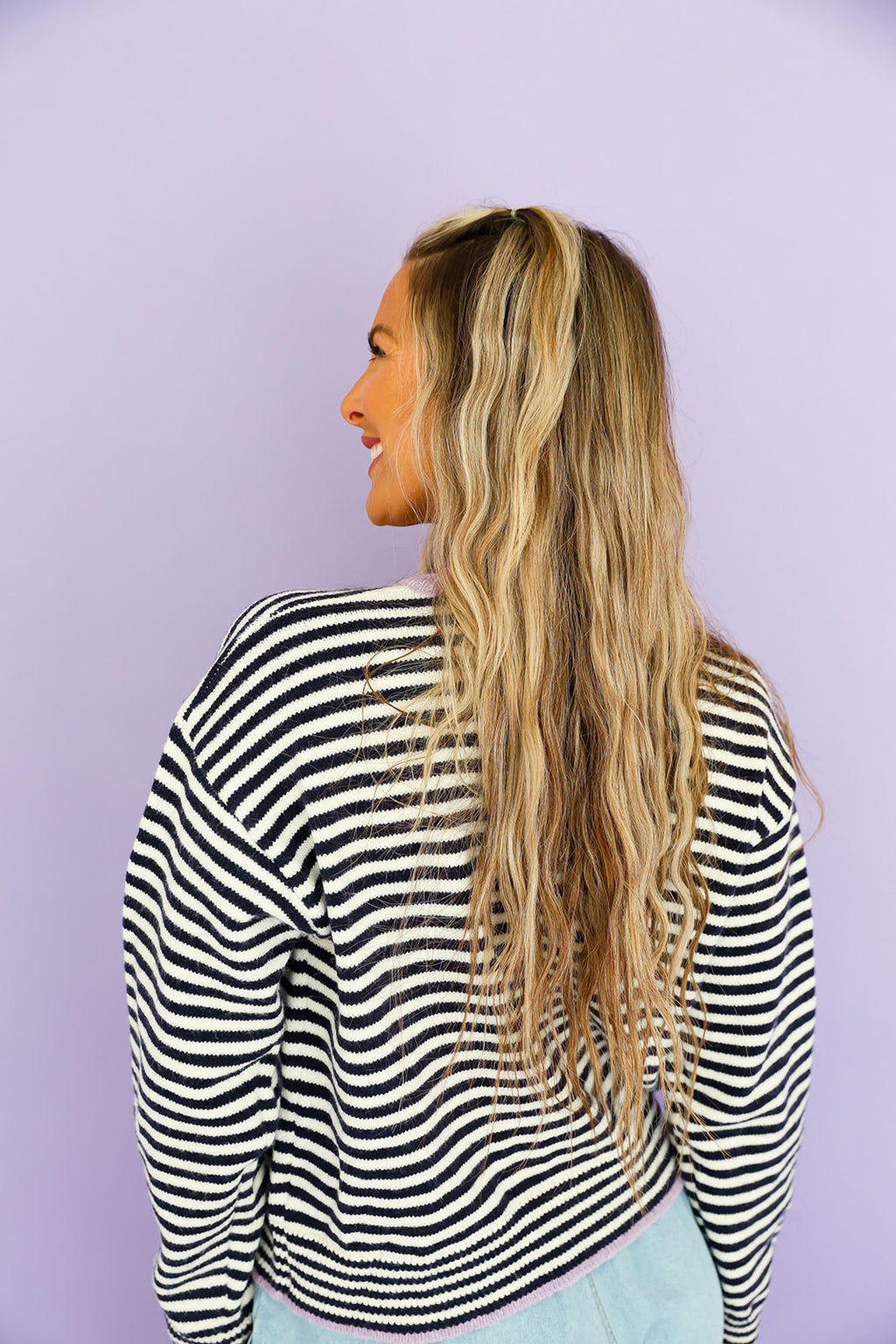 On the Line Cardigan-Midnight/Lavender Combo