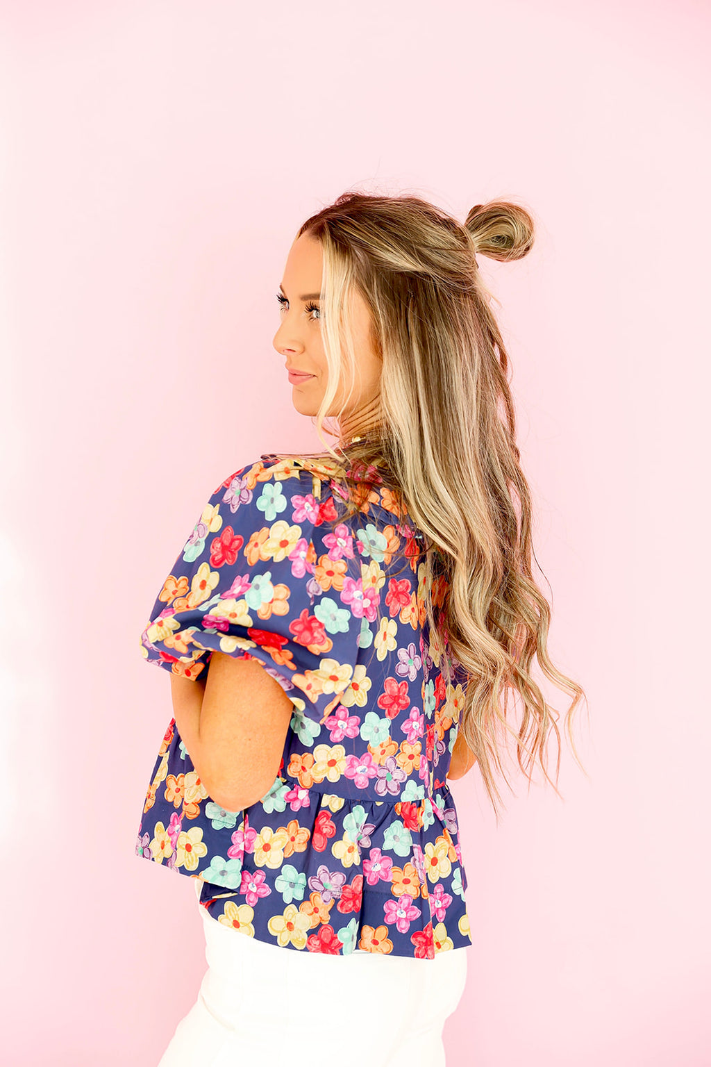 Flower Garden Tie Detail Top-Navy Multi