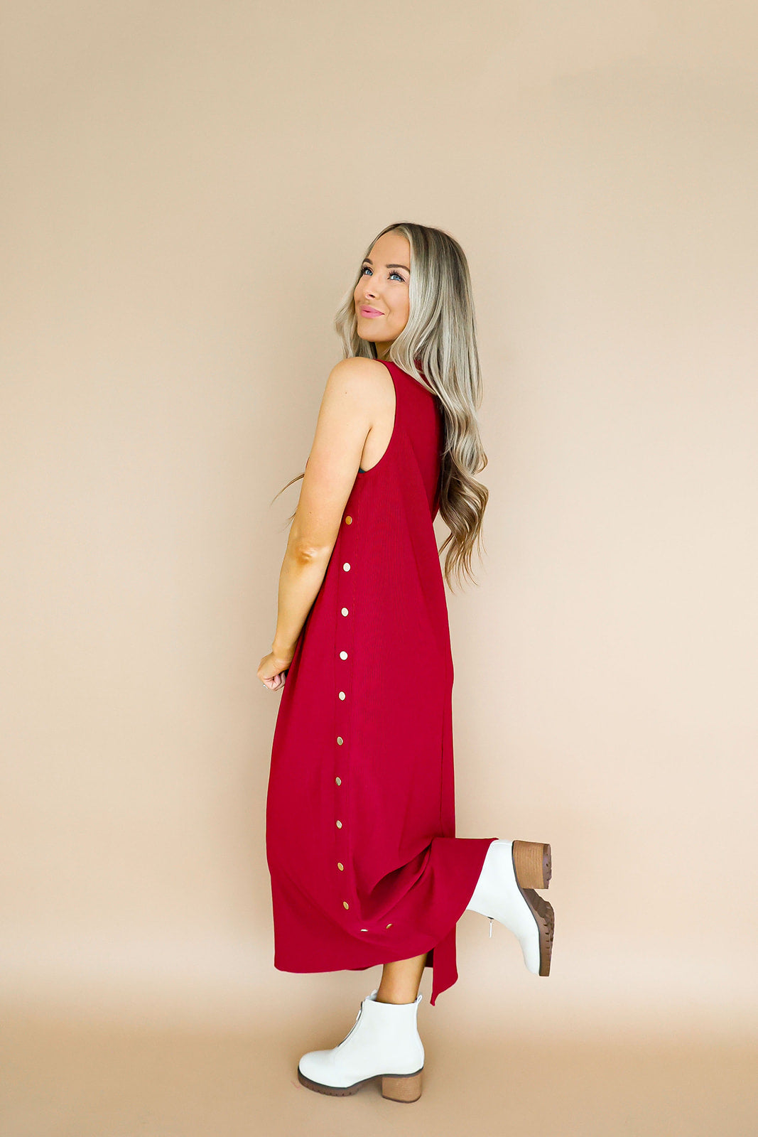 Cider Season Button Detail Midi Dress – Cherry