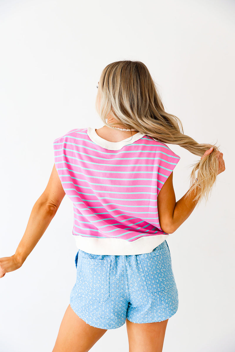 Striped Energy Cap Sleeve Top-Pink/Blue