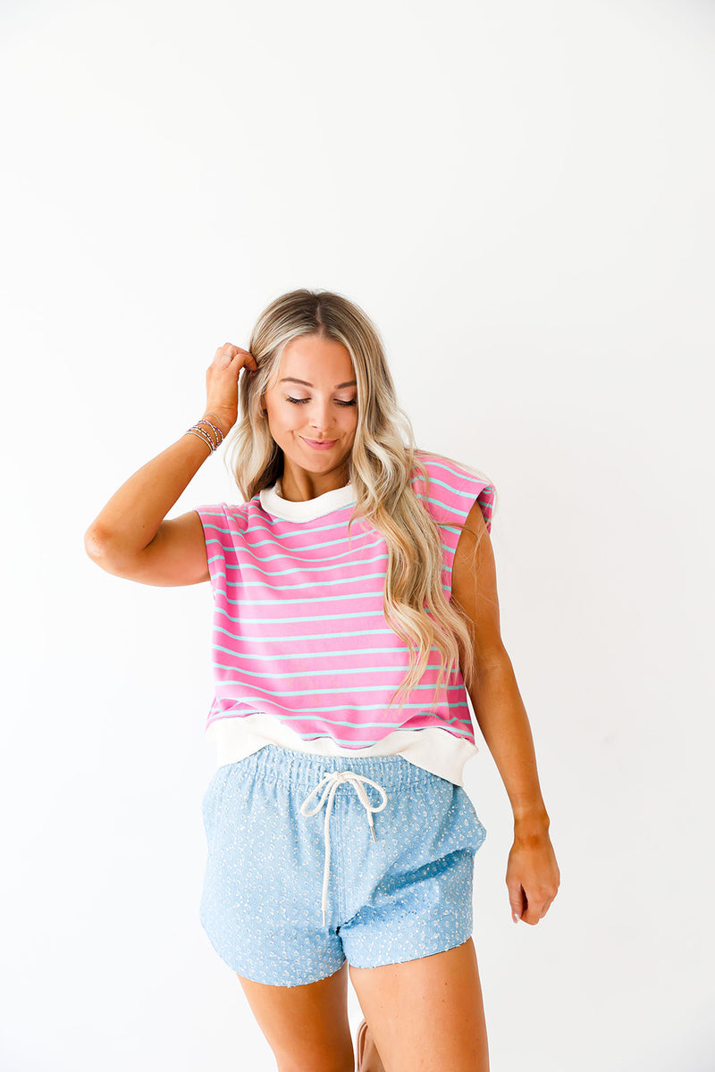 Striped Energy Cap Sleeve Top-Pink/Blue