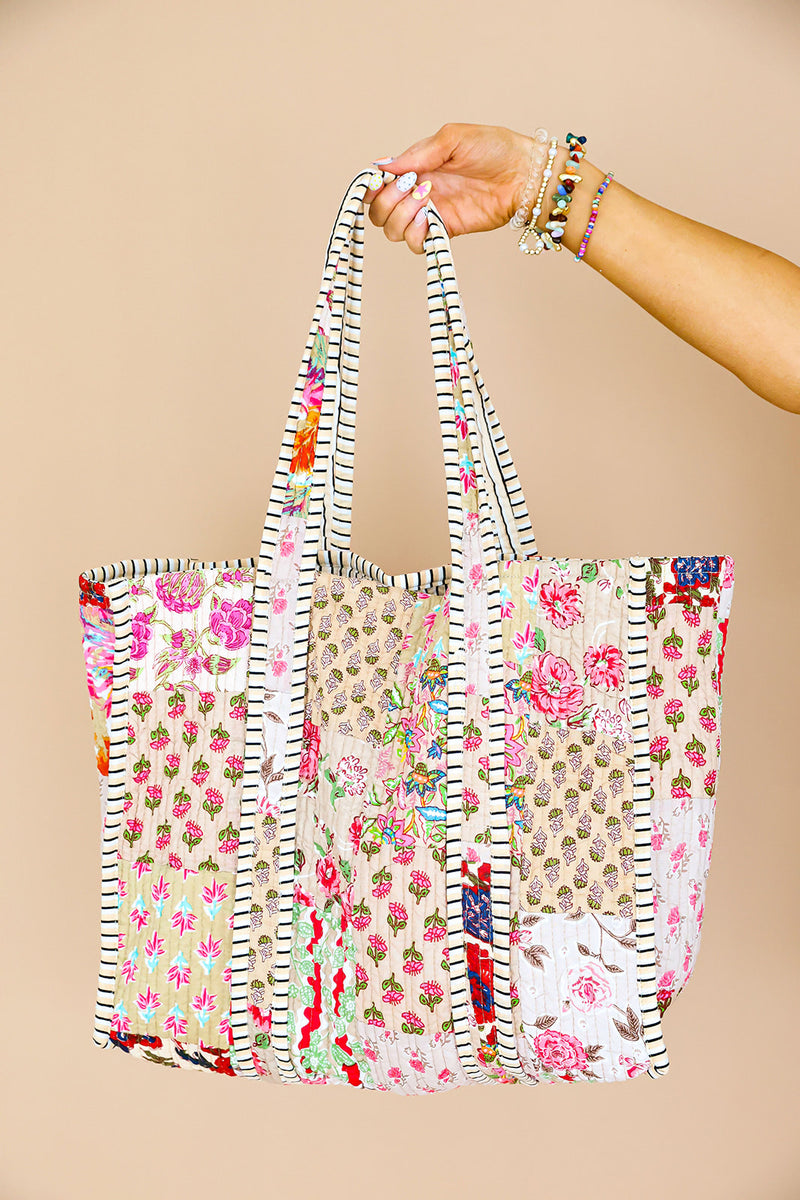 Quilted Tote Bag-Tan Piping