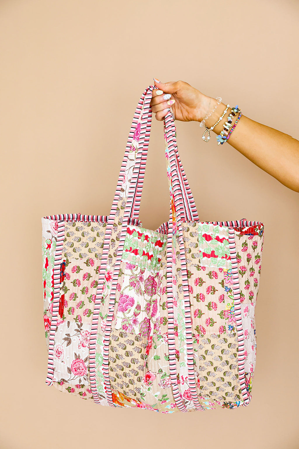 Quilted Tote Bag-Pink Piping